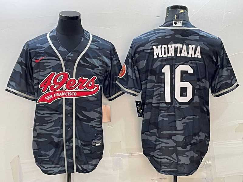 Mens San Francisco 49ers #16 Joe Montana Grey Camo With Patch Cool Base Stitched Baseball Jersey